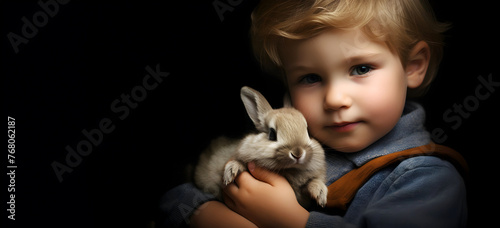 Little cute boy hugs bunny to his cheek and is happy  gentle smile on face of blond child against dark panoramic background with lot of coy space for displaying greetings text or graphic 