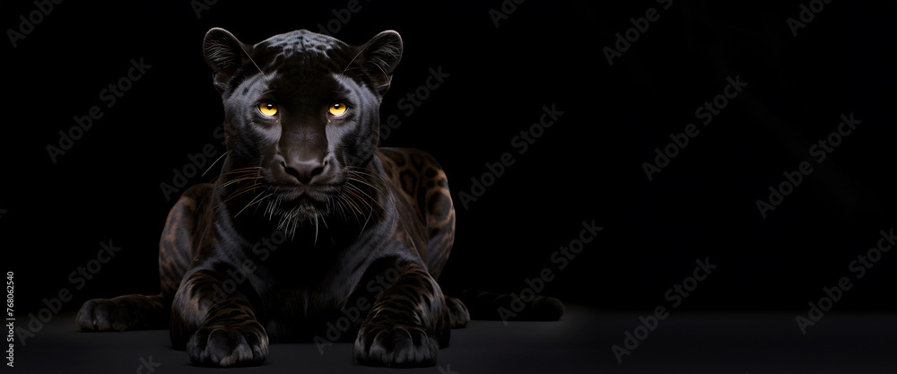 Black leopard panther lying on black backdrop, copy negative space