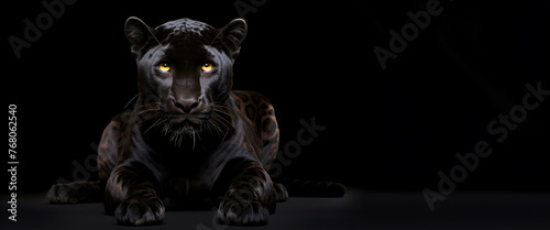 Black leopard panther lying on black backdrop, copy negative space photo