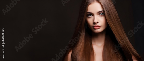 Model woman with shiny straight brown long hair against dark backdrop with full of copy space