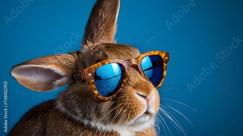 rabbit with a eyes.rabbit with sunglass, a brown rabbit wearing blue sunglasses on a blue background.