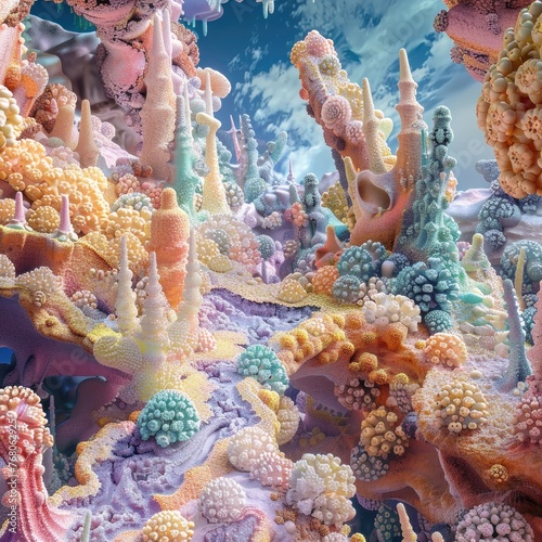 An imaginative landscape made of nanostructures and molecular formations exploring the beauty of the nanoworld photo