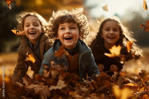 Children playing in a leaf pile
