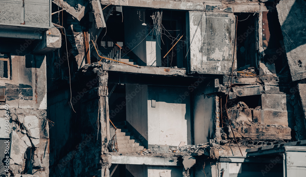 destroyed and burned houses in the city Russia Ukraine war