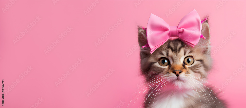 Cute home cat wearing pink bow on head, vibrant rose backdrop with negative copy space, greetings card template