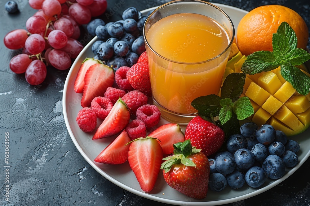 Fresh mixed fruit plate with berries, citrus and tropical mango. Nutritious breakfast spread of strawberries, blueberries, grapes, and orange juice. Fresh mixed fruit plate with berries, citrus and tropical mango. Nutritious breakfast spread of strawberries, blueberries, grapes, and orange juice.