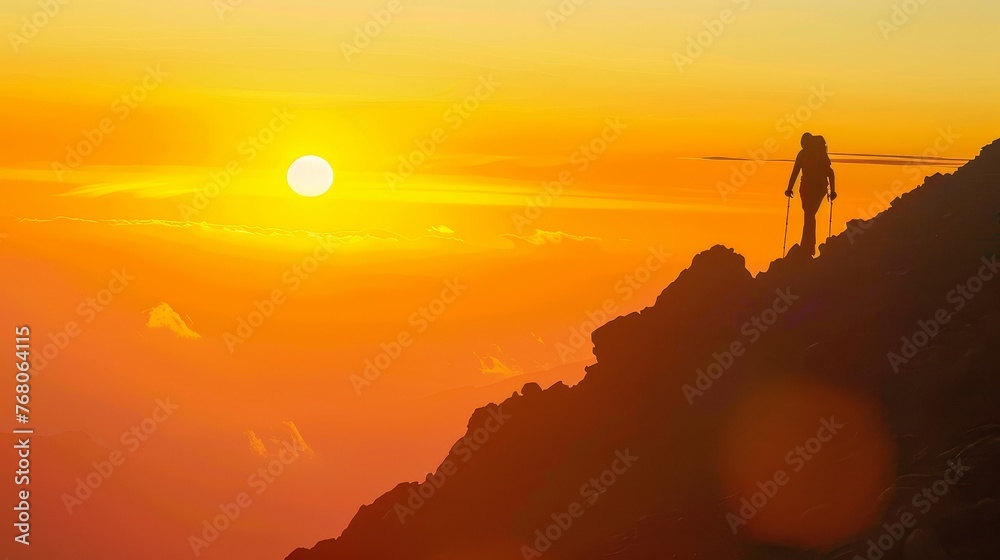 A Person climbing a mountain in the peak at sunset A Person climbing a mountain in the peak at sunset