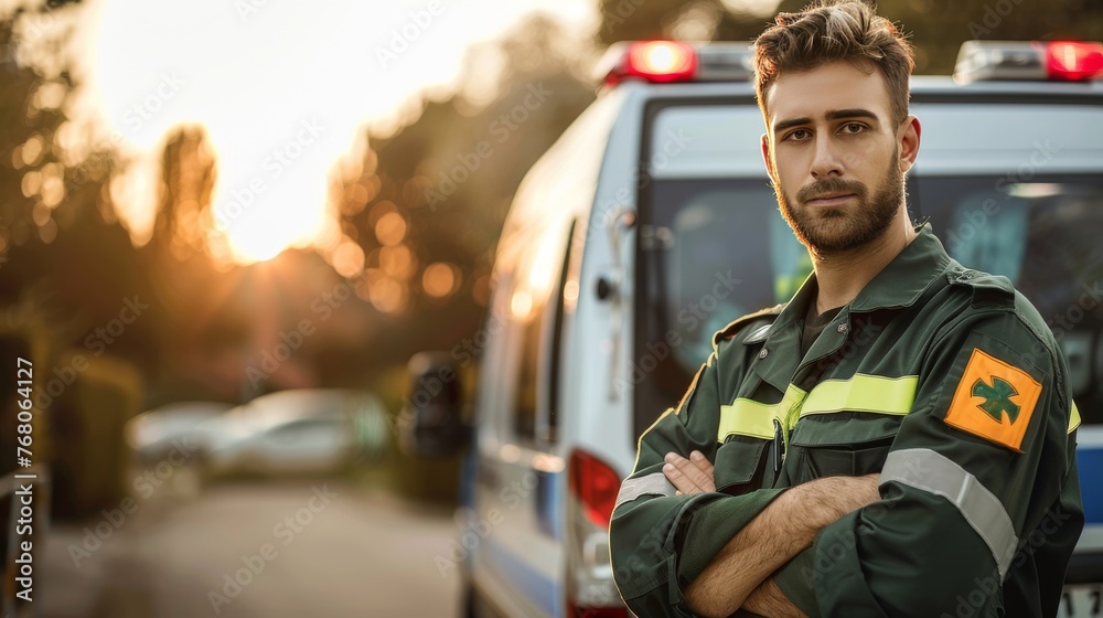 Paramedic in reflective uniform with sunset-lit ambulance background. Emergency medical technician ready for night shift. Golden hour portrays the tireless dedication of first responders.