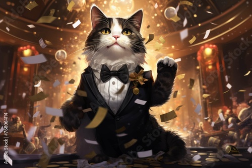 Distinguished cat receiving a golden trophy in a grand New Year's Eve ballroom.