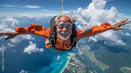 Elderly adventurer enjoying skydiving thrill above tropical sea. Senior skydiver with parachute embracing extreme sports with joy. Happy older man experiencing the excitement of freefall over ocean.