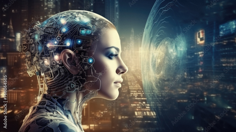 Cyborg woman with digital brain on city background . Cyborg woman with digital brain on city background .