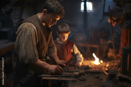 Medieval village blacksmith's apprentice learning the craft