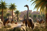 Oviraptors scavenging in desert oasis