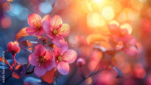 Sunset Glow on Cherry Blossoms, Radiant Pink Spring Flowers Against a Bokeh Background