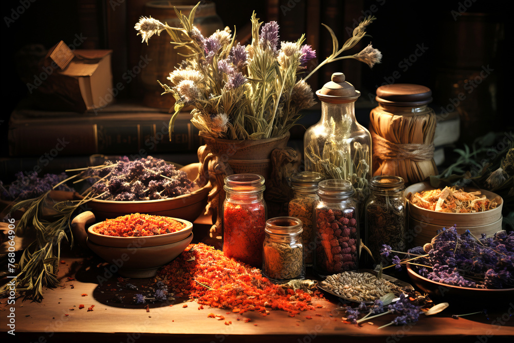 Herbal medicine concept: Collection of herbs used in spiritual and healing practices.