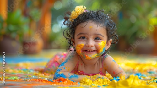 Joyful Toddler with Paint-Smeared Face Lying on a Colorful Floral Background