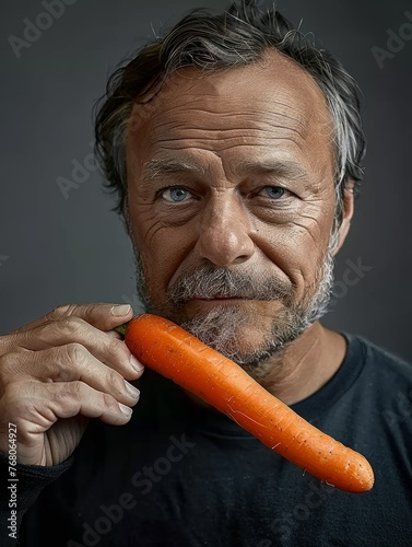 Mature Man with a Carrot - Casual Healthy Eating Concept on Grey Backdrop