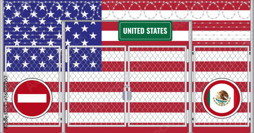 Vector illustration of USA flag under lattice. Concept of isolationism.
