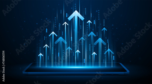 Arrow pointing upwards for future company growth set on tablet or smartphone. Stock market graph with rising candles. Ideas for growing a profitable business or investment	