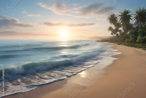A serene coastal scene at dawn  where gentle waves meet the sandy shore at sunrise  encapsulating the ocean   s beauty.