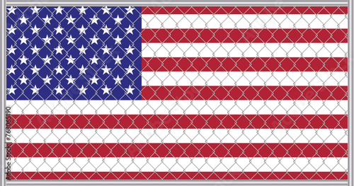 Vector illustration of USA flag under lattice. Concept of isolationism.
