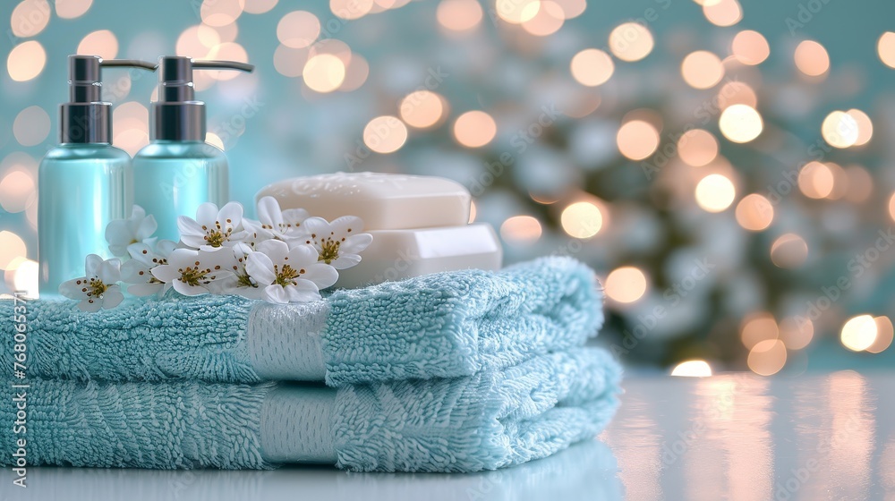 Spa bathroom scene with toiletries, soap, and towel on a soft white background for a serene ambiance Spa bathroom scene with toiletries, soap, and towel on a soft white background for a serene ambiance