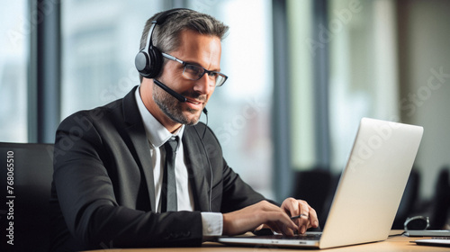 Portrait of mature businessman working in call center with headset and laptop