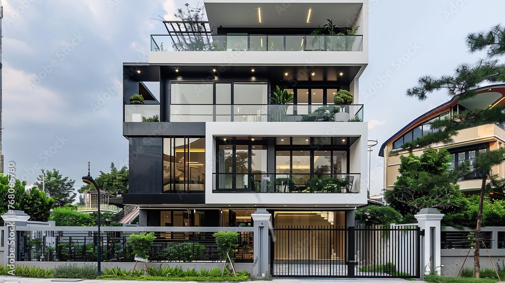 Modern house in the style of minimalist architecture, with large windows on each floor