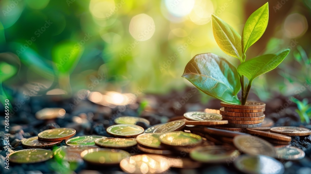 A young plant sprouting from stacked coins against a blurred natural background, metaphorically illustrating investment and financial growth.