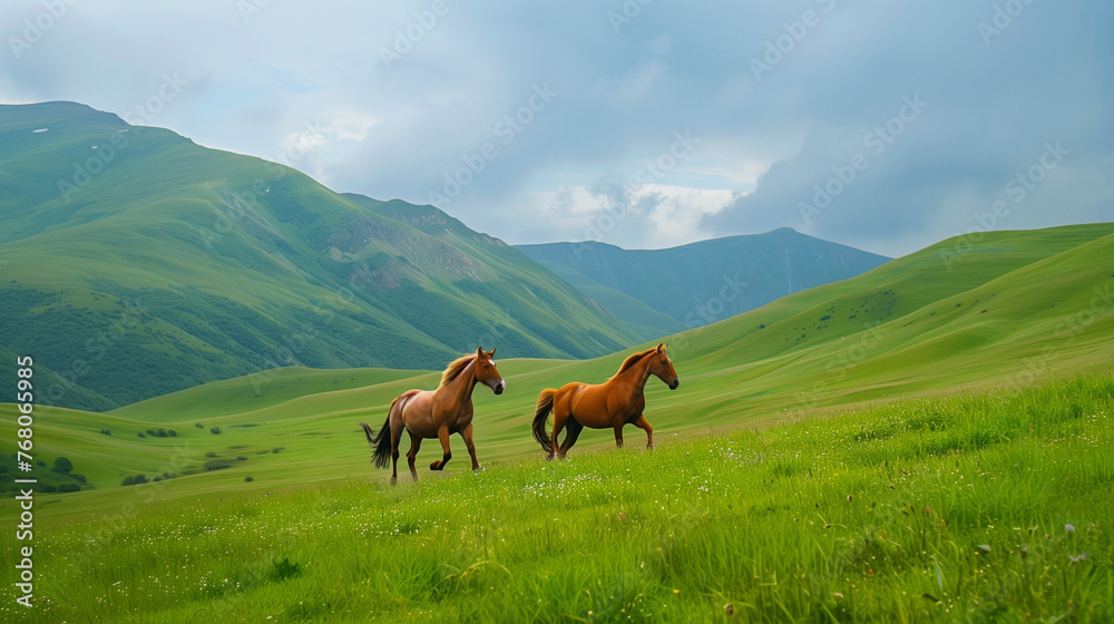 two graceful horses galloping through a green meadow in the mountains