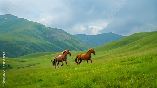 two graceful horses galloping through a green meadow in the mountains
