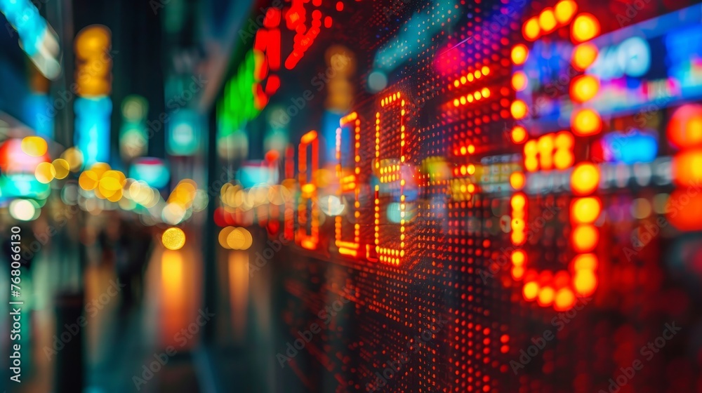 The vibrant blur of a stock market ticker display, with lights reflecting the dynamic nature of financial markets in a bustling urban environment.