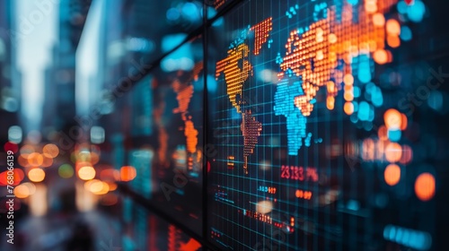 A sophisticated display of global stock market data, with digital maps and numerical figures that highlight economic activities across different continents.