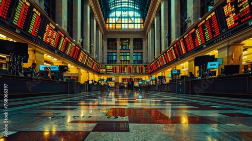 Inside a grand stock exchange building with high ceilings and digital stock boards displaying market data  reflecting a blend of tradition and modern finance.