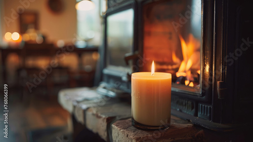 Scented candle on a fireplace in a cottage photo