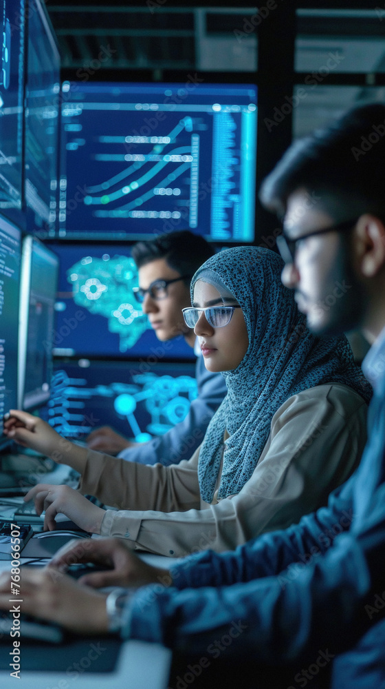 Group of young asian business people using computer in modern office .