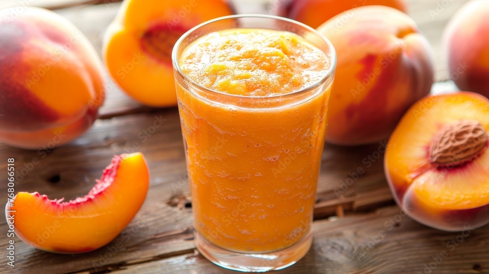 Peach colored smoothie in a glass surrounded by peach slices Peach colored smoothie in a glass surrounded by peach slices