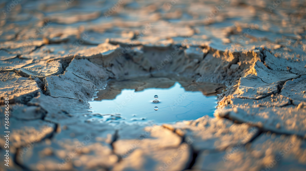 In a barren landscape, a singular water droplet-shaped oasis punctuates the cracked, dehydrated soil, highlighting the harsh realities of drought, environmental shifts, and the preciousness of fresh w In a barren landscape, a singular water droplet-shaped oasis punctuates the cracked, dehydrated soil, highlighting the harsh realities of drought, environmental shifts, and the preciousness of fresh w