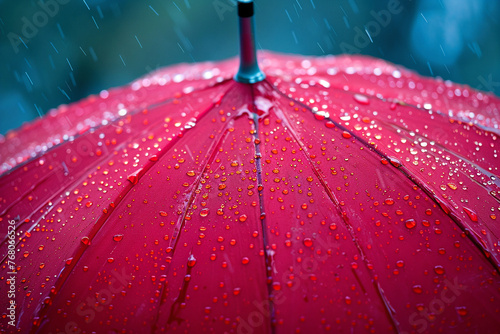 Close-up photo of red umbrella showing a large number of raindrops. Umbrella helps you shelter from bad weather and stand out stylishly in such weather.