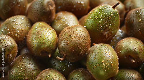 A pile of exotic kiwi fruits, fuzzy and ripe