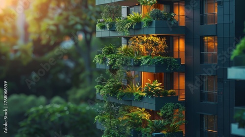 A modern urban building is adorned with lush green balcony gardens, creating an eco-friendly living space within the cityscape at twilight.