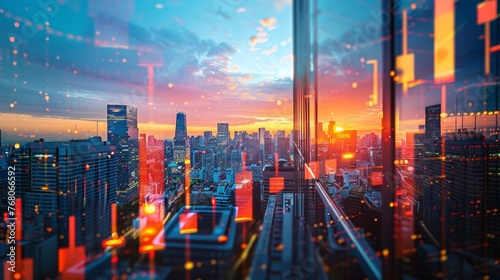The vibrant hues of a sunset reflect on the glass windows of a skyscraper, overlooking a bustling cityscape alive with evening lights.