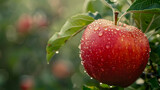 A ripe red apple glistening with dew drops