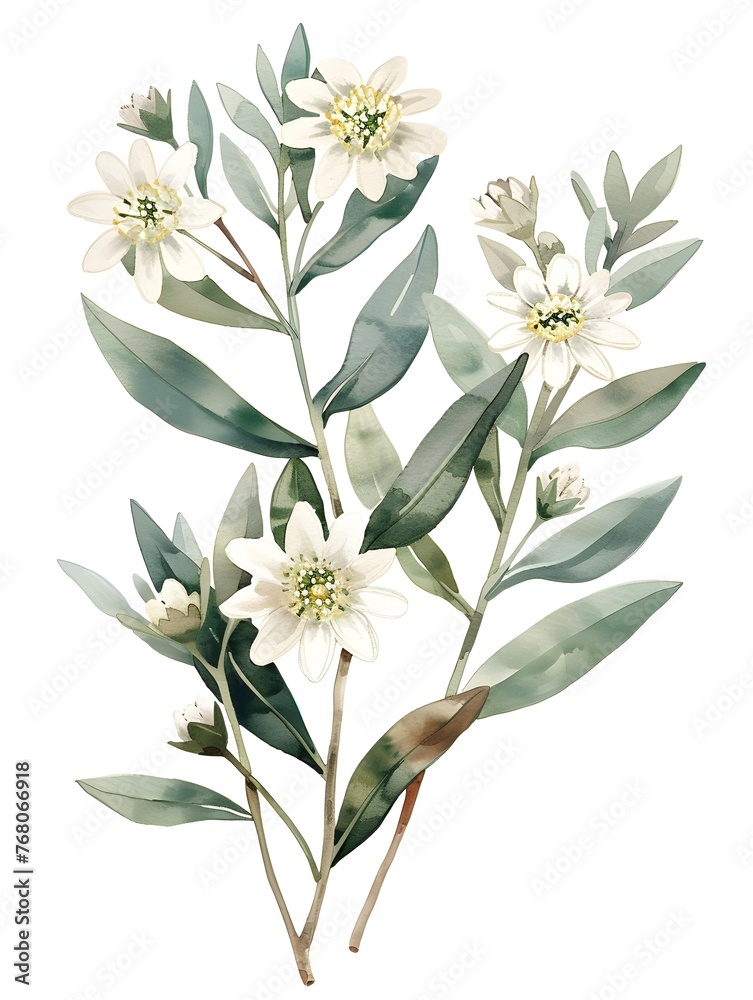 Delicate Watercolor Edelweiss Floral Arrangement with White Blossoms and Green Leaves on Botanical Background