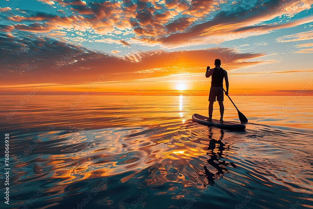 Man stands on a paddleboard, navigating calm waters as the sunset, Generative AI