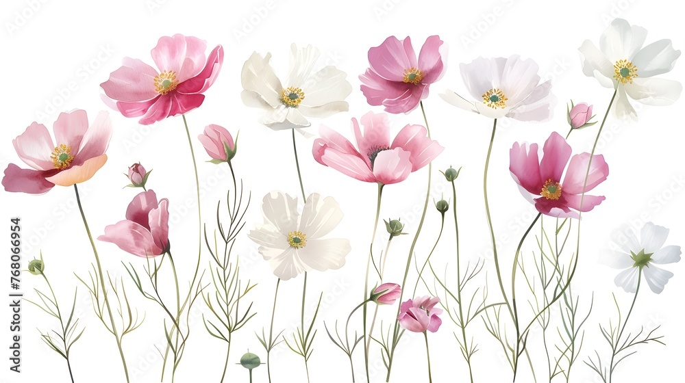 Delicate Watercolor Cosmos Flowers in Soft Pink and White Hues