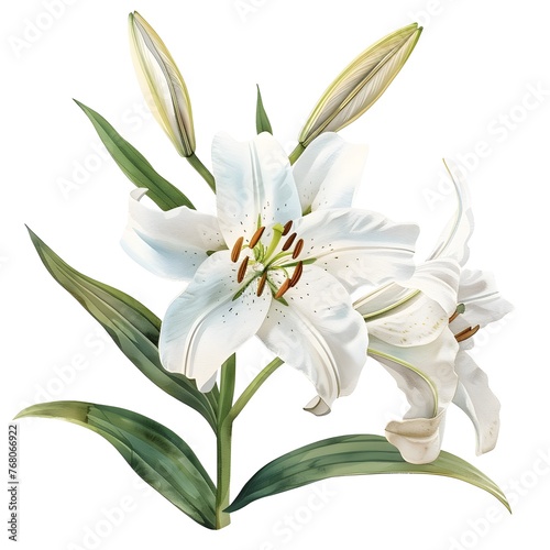 Elegant Watercolor Painting of Delicate White Lily Flower with Green Stems and Petals