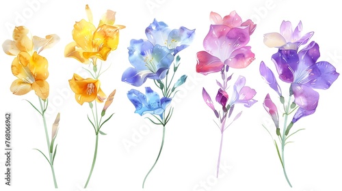 Vibrant Watercolor Freesia Blooms in Various Floral Arrangement