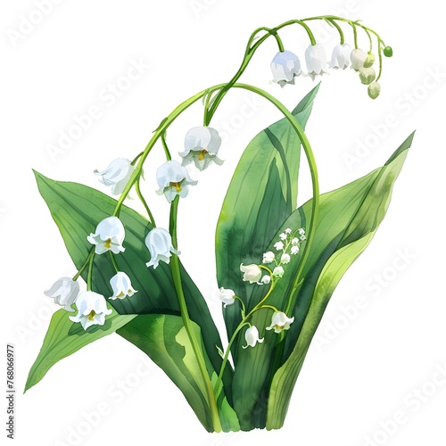 Delicate Watercolor Lily-of-the-Valley Flowers with Graceful Bell-Shaped Blossoms and Lush Green Foliage