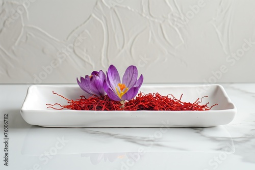 Red stigma saffron spice with purple colored crocus flower in white plate | food coloring, and medicinal recipes photo